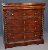 A Victorian mahogany chest of drawers with cushion drawer, 4 long drawers flanked by barley twist