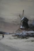 J Wolf Late 19th century continental school Pair Watercolour Signed"Dutch winter snowscapes with