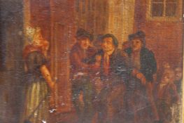 19th Century Oil on board `Drunken man being led home to his wife by his friends` 16.5 cm x 16.5 cm