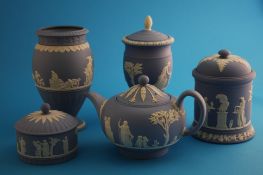 A Wedgwood jasperware teapot, a circular bowl and cover and three vases. (5)