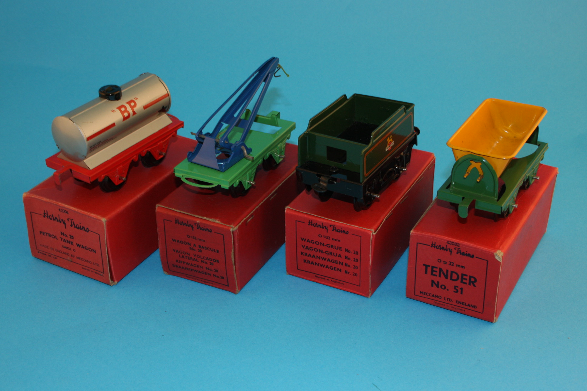 Nine Hornby "O"gauge rolling stock to include No1 goods van, No20 side tipping wagon, No20 petrol