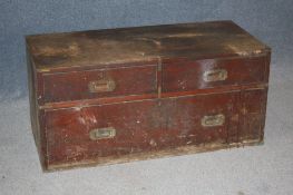 A 19th century mahogany campaign chest with 2 short and 1 long drawer, (part).99 cm long