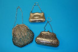 Two silver purses Birmingham 1914 and 1917 and a French mesh and diamante evening bag. (3)