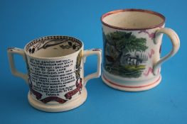 A Farmer`s Arms two handled cup "God Speed the Plough"; and a 19th century Sunderland pink lustre