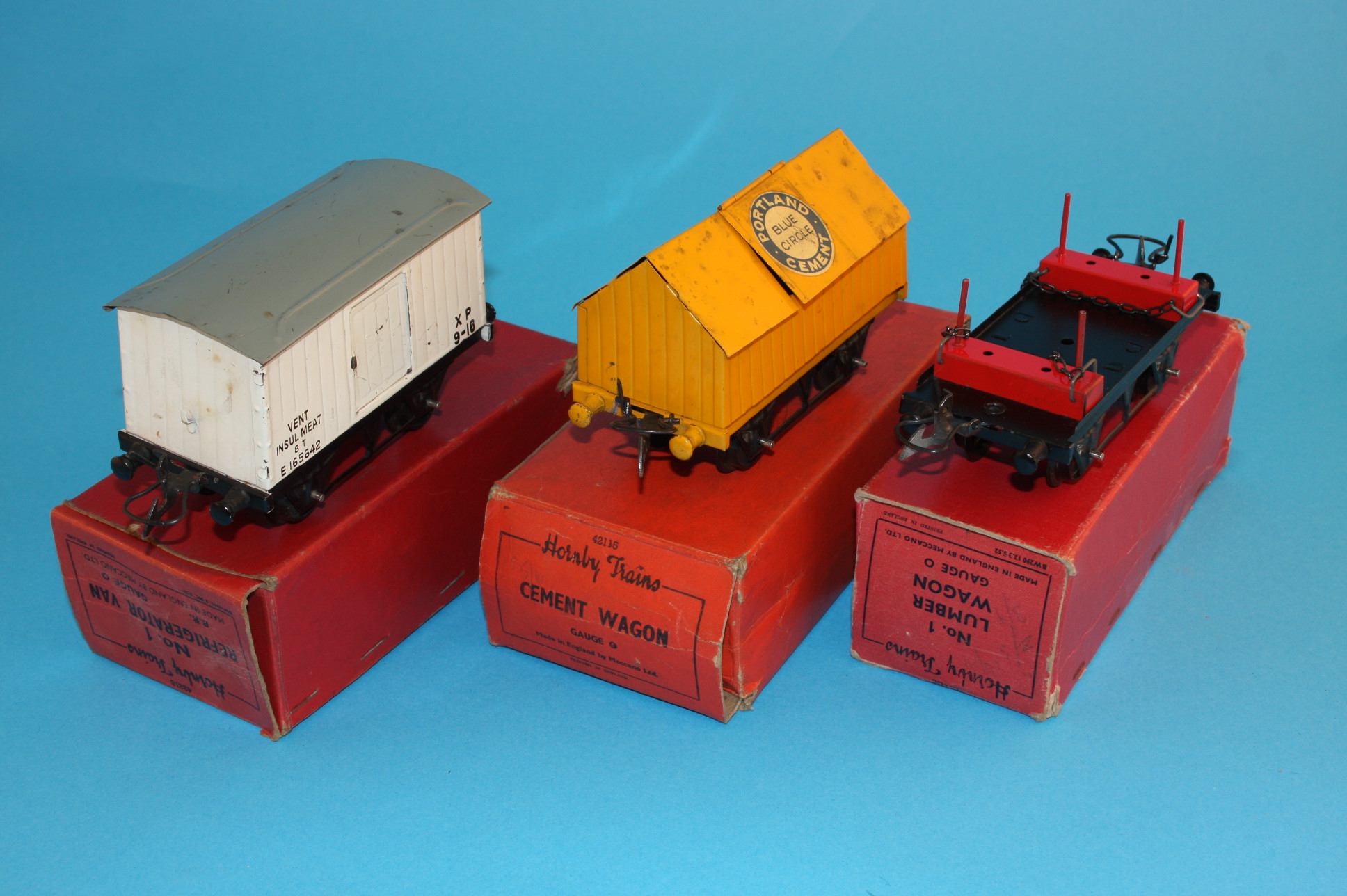 Ten Hornby "O" gauge rolling stock to include two No1 side tipping wagons, No1 refrigerator van, a