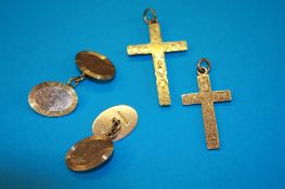 A pair of 9ct gold cufflinks and 2 9ct gold crosses. Weight 11.1 grams