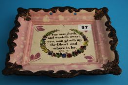 A 19th century Sunderland pink lustre wall plaque "For man dieth, and wasteth away. Yea man giveth