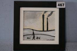 Follower of L S Lowry Oil on board Bears signature"Lady with dogs in an industrial landscape"12 cm