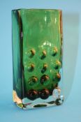A Whitefriars green glass rectangular shape vase decorated with 3 rows of 4 spheres. 16.5 cm high