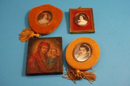 Three oval miniatures and a continental oil on board of the Madonna and child.
