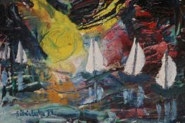 Silvia Leslie Oil on canvas Signed Dated (19)74"" """"Sailing vessels in an abstract