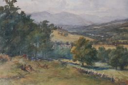 Charles A Sellar 1856-1926 Watercolour Signed"Scottish landscape with figures on the hillside"28 cm