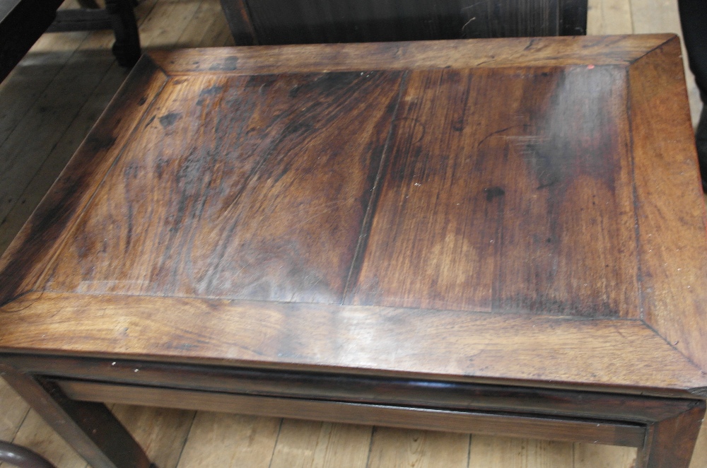 A Chinese Hardwood Table:
18th century 
on square legs joined by stretchers, H 45cm x W 76cm x D - Image 2 of 5