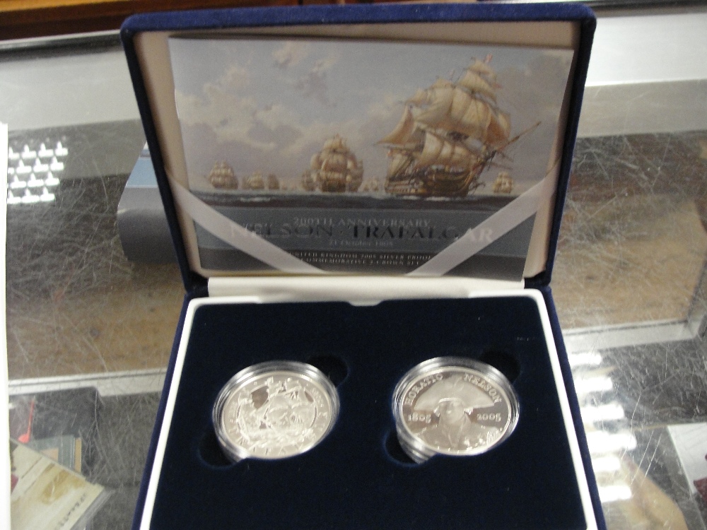 Cased 200th Anniversary Nelson, Trafalgar: two £5 silver proof coins