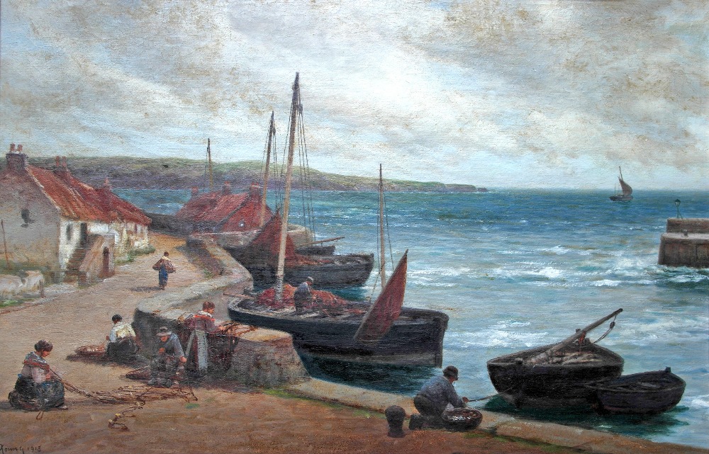 Alexander Young (Scottish, 1865-1923):
Fisherfolk & boats in a coastal landscape, oil on canvas,