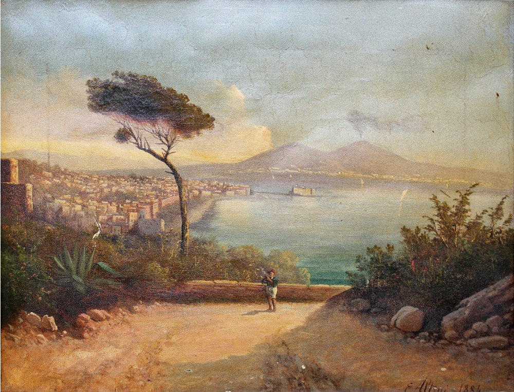 E. Altrui (Italian, 19th Century):
The Bay of Naples with smoking volcano beyond, oil on canvas,