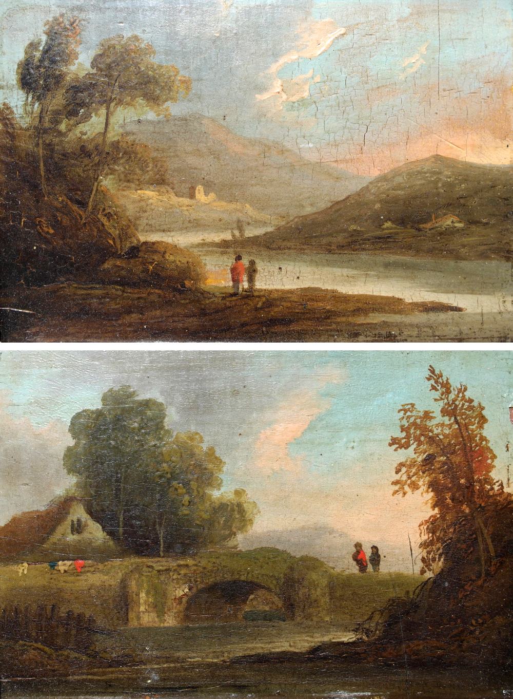 Follower of Richard Wilson, R.A. (1714-1782):
A pair of oils on panel depicting figures in riverside