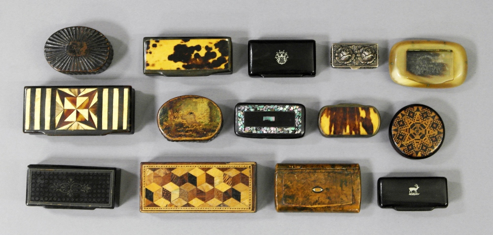 Fourteen 19th Century Snuff Boxes:
to include tortoiseshell, Tunbridgeware, horn and lacquered