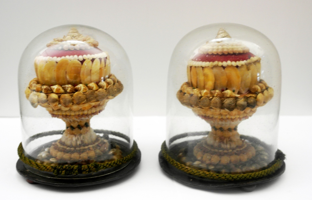 A Pair of 19th Century Shell Pin Cushions:
intricately decorated with many seashells, both contained