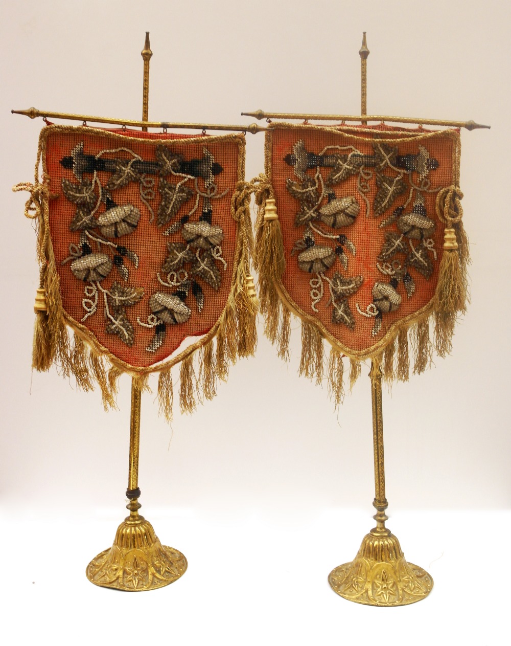 A Pair of 19th Century Miniature Pole Screens:
an unusual pair of gilt metal miniature pole