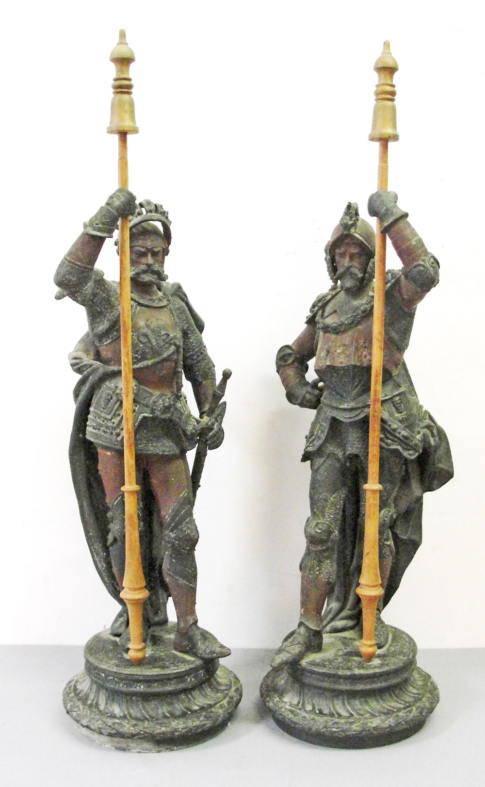 A Pair of Large French 19th Century Spelter Knights:
in 16th century armour standing on pedestals