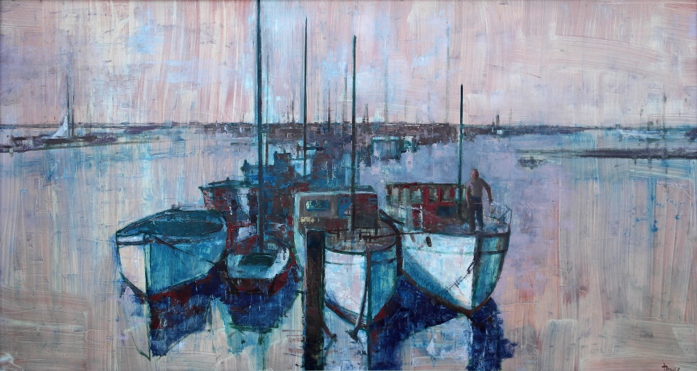 Ralph Bruce (20th century):
Harbour scene, oil on board, signed lower right, H 60 x W 105 cm