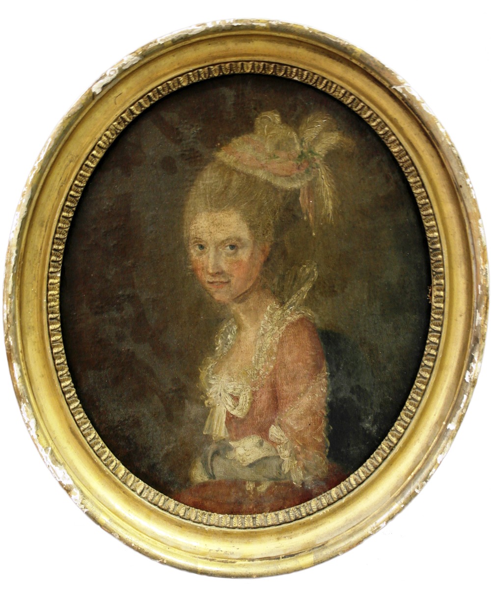 English School (18th century):
An oval portrait of a lady, identified verso as Miss S Blake, oil