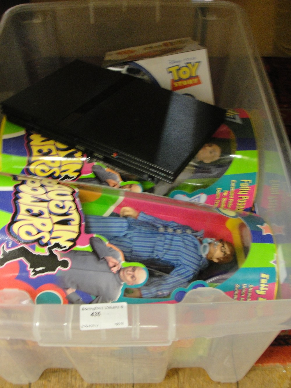 A box of modern toys PS2 & controllers, cased Austin Powers figures x 3 & Toy Story Die Cast in
