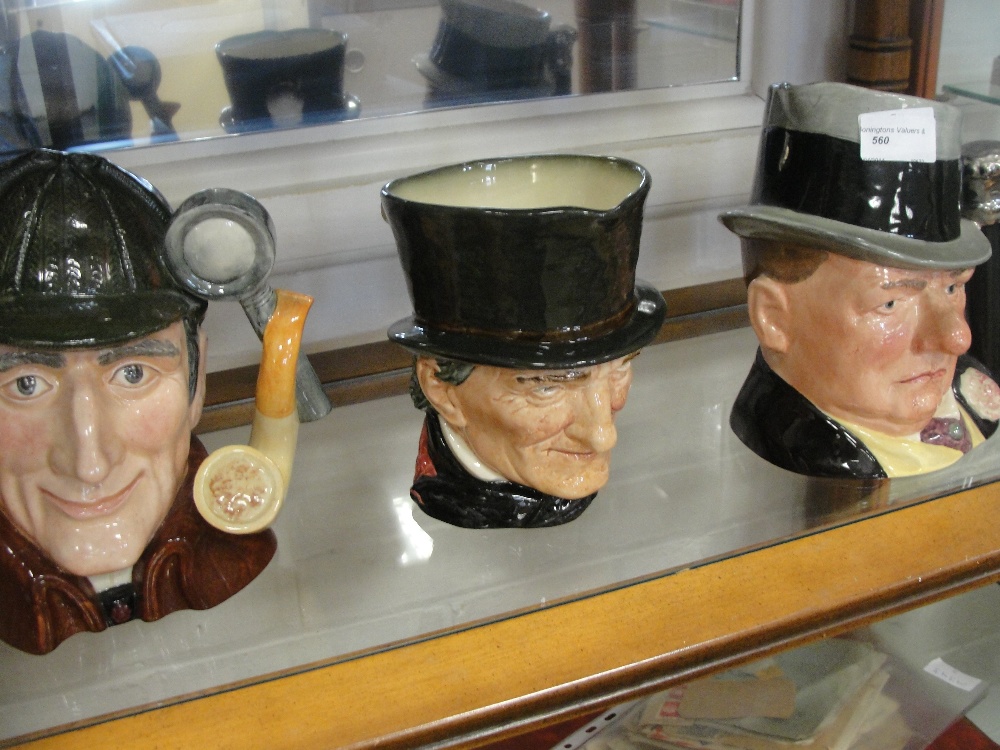 3 Royal Doulton character jugs The Sleuth D6631, WC Fields D6674 and John Peel