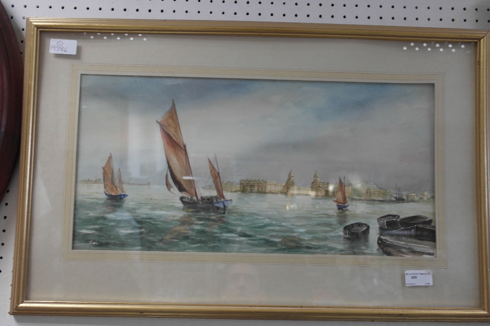 A watercolour depicting the River Thames with Greenwich beyond, signed Maynard