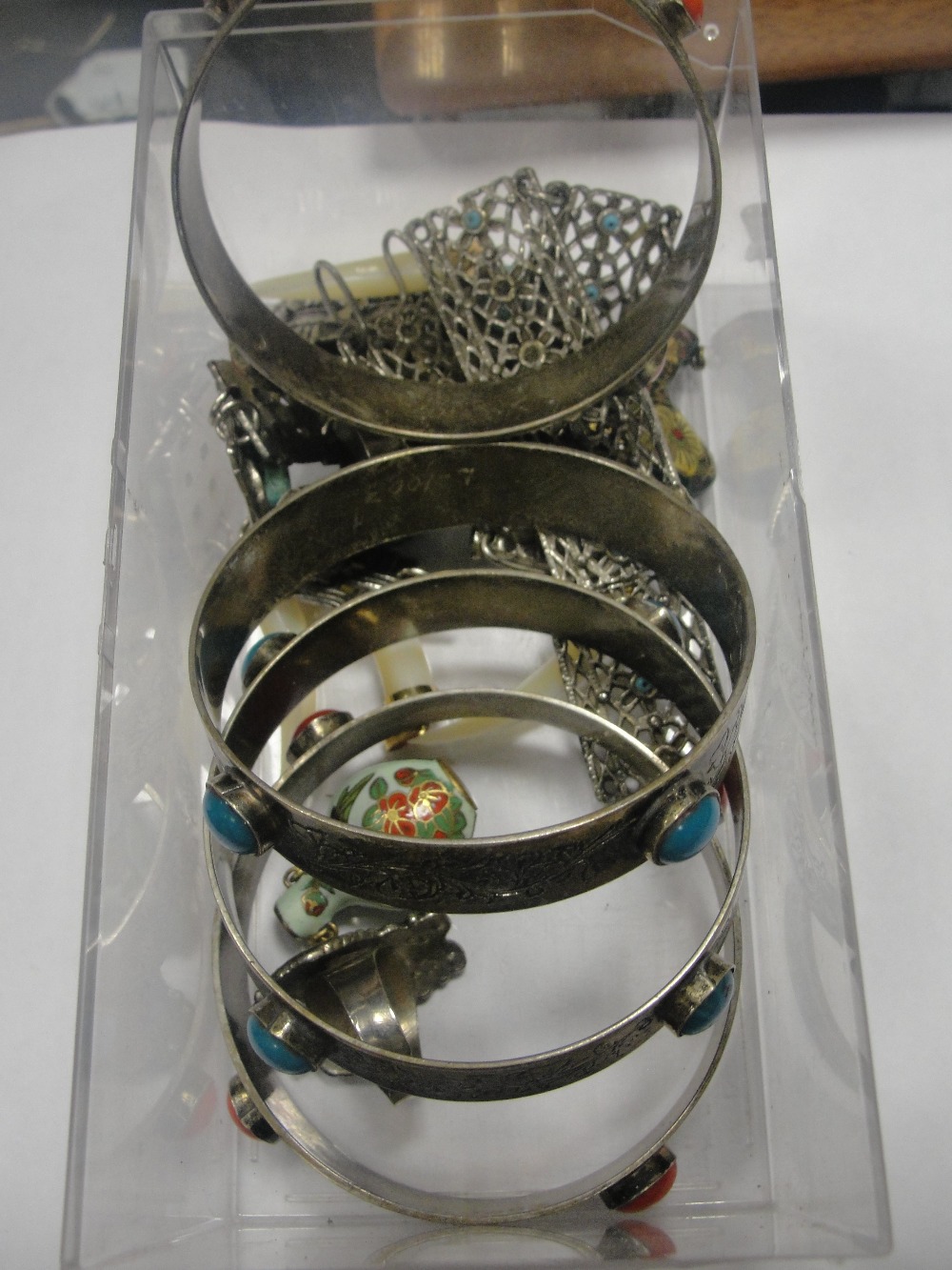 A quantity of dress jewellery to inc bangles, rings and cloisonne perfume bottles