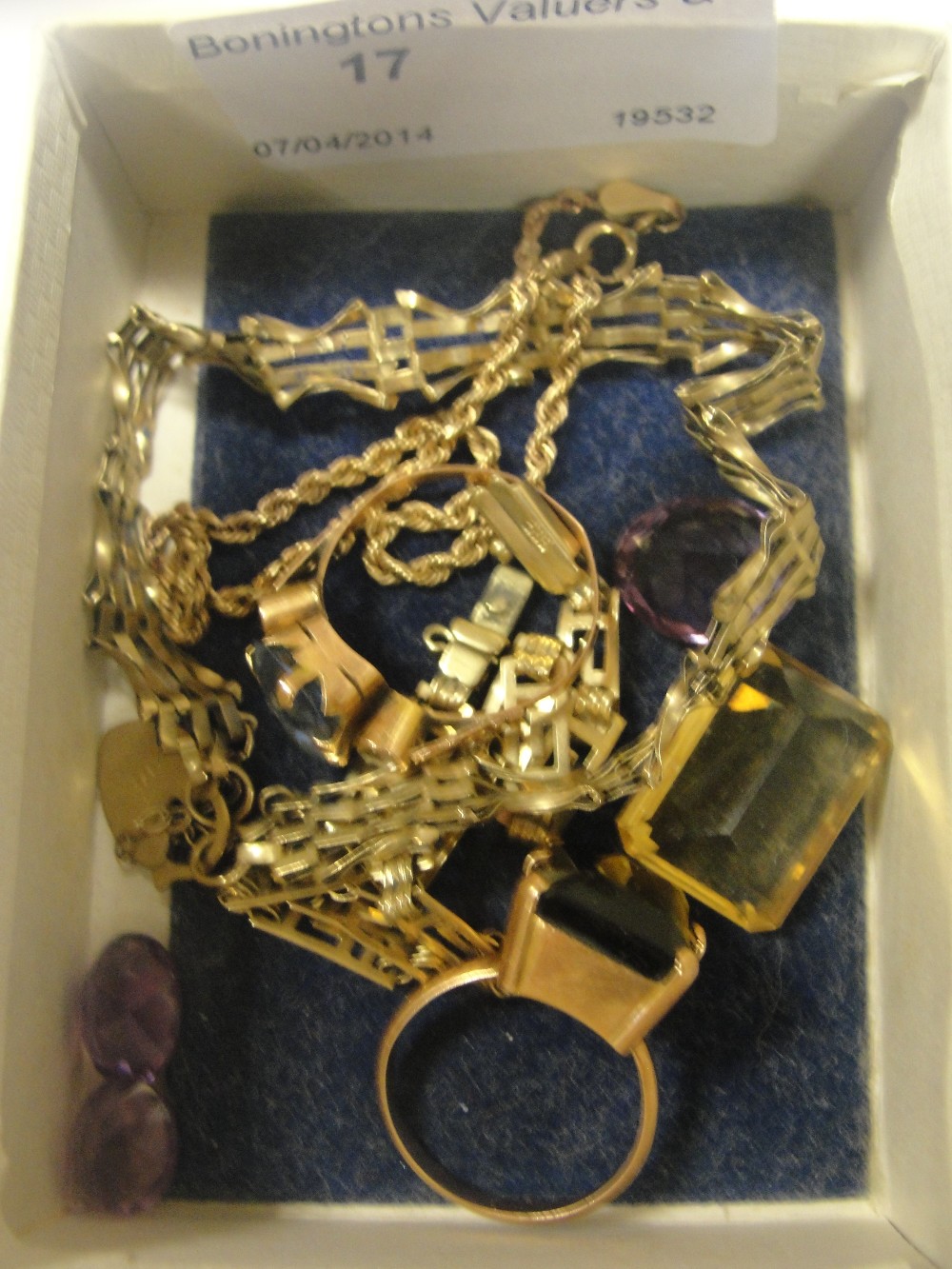 A quantity of 9ct bracelets; together with two dress rings and loose stones