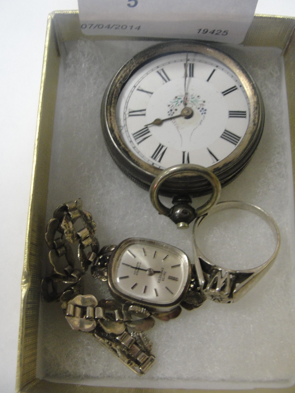 A HM silver ring; together with a watch and pocket watch