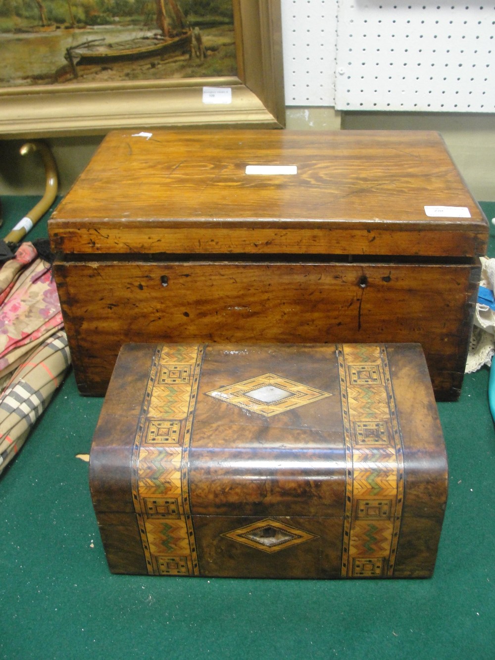 A 19th century mahogany workbox; together with a Tunbridgeware-style box