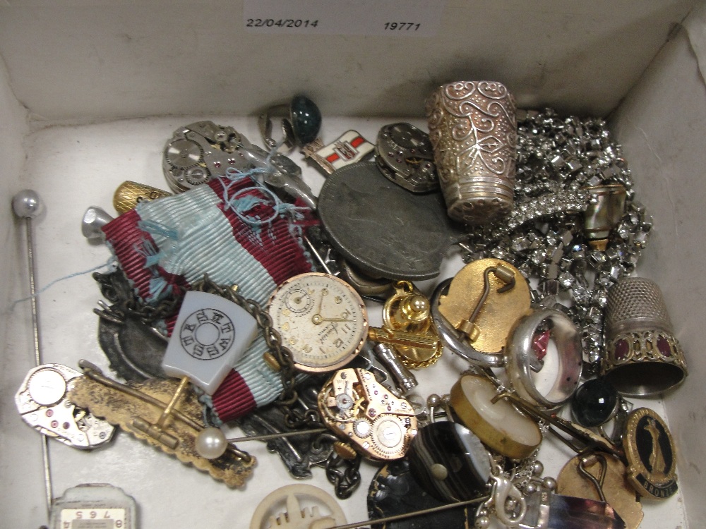 A box of odds to inc silver jewellery, thimbles, watch movements etc
