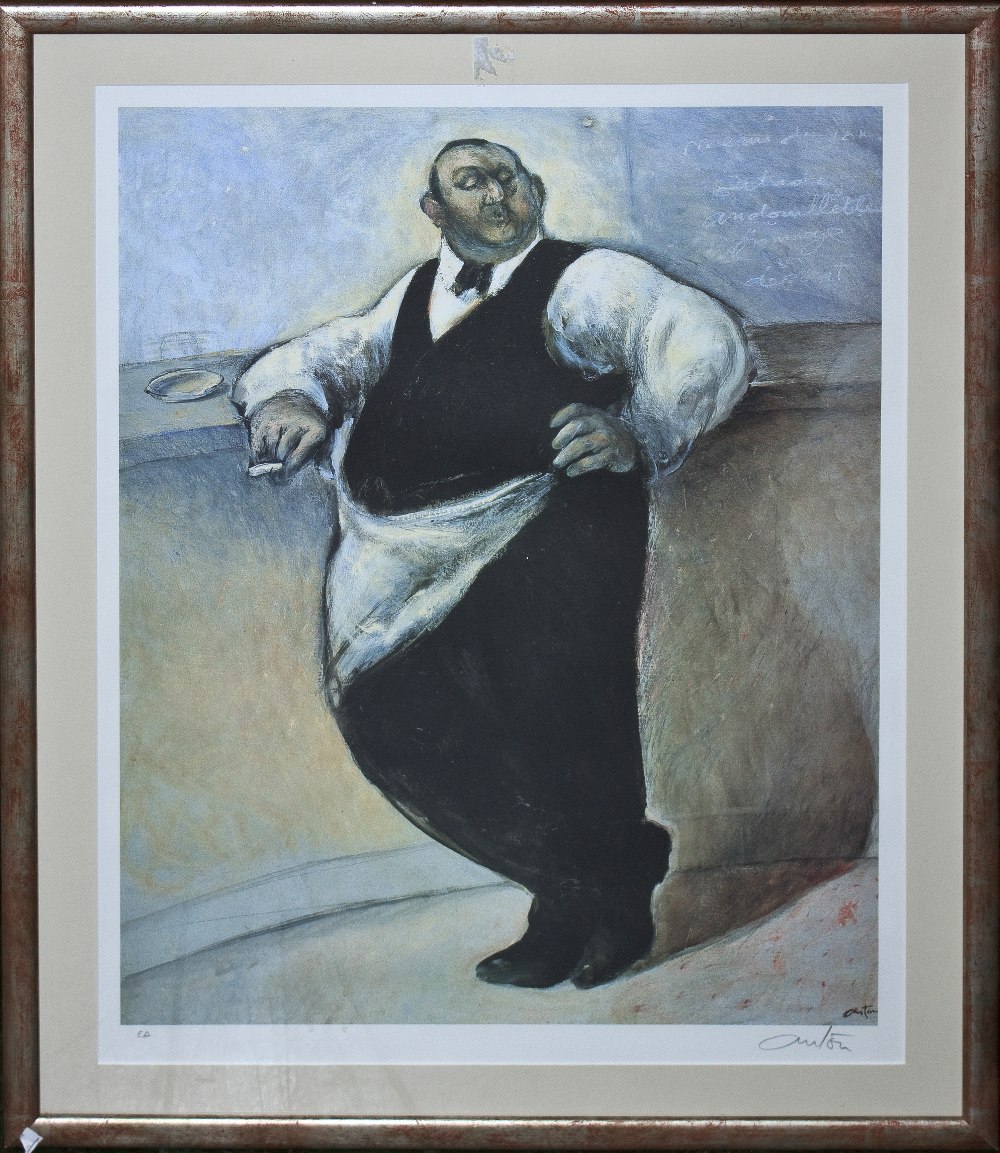 A framed print of a waiter signed in pencil Anton