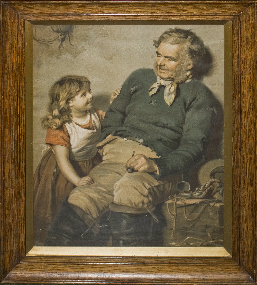An oak framed print depicting a fisherman and child, image size 48cm 37cm