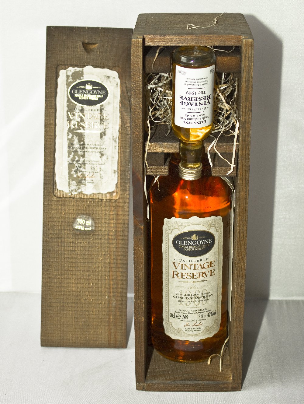 A bottle of Glengoyne Vintage Reserve 1969 single malt Scotch whisky with miniature 47%