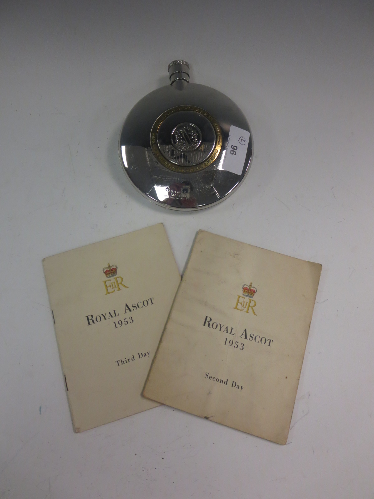 Two 1953 Royal Ascot Racing Cards, 2nd and 3rd days, and a Grants and Dalvey Hip Flask with
