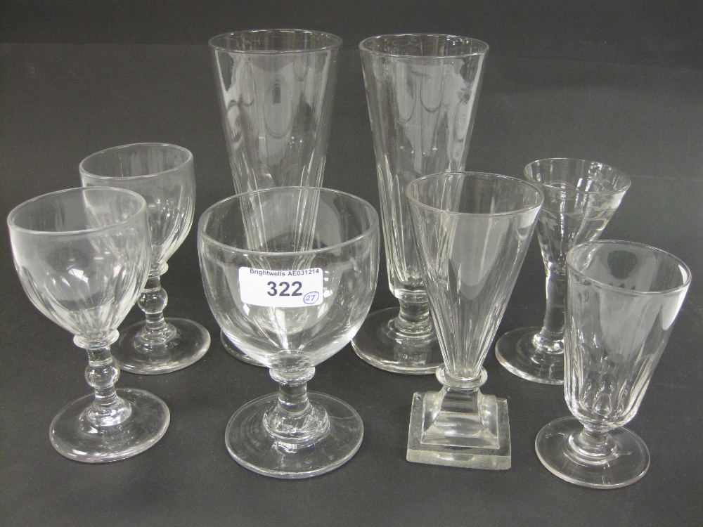 Five plain glass Rummers, a Georgian Ale Glass with facet bowl on stepped square base and twenty one