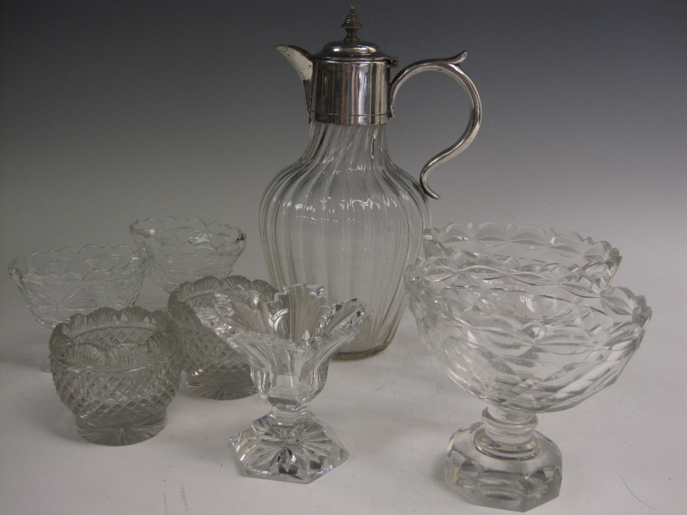 A fluted glass Claret Jug with plated hinged lid, and seven various cut glass Salts of circular - Image 2 of 2