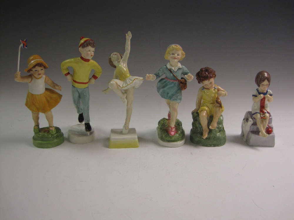 Six Royal Worcester Figures, Days of the Week including Sunday, Tuesday boy and girl, Thursday,
