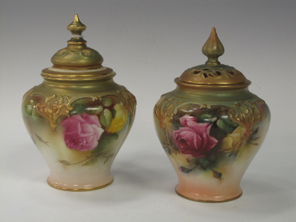 A Royal Worcester Pot Pourri and Cover painted pink and yellow roses, 5in, and a Vase and Cover