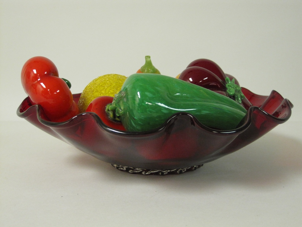 A red glass Bowl with fluted edge, containing a varied collection of glass Fruit, some crackled, all - Image 2 of 2