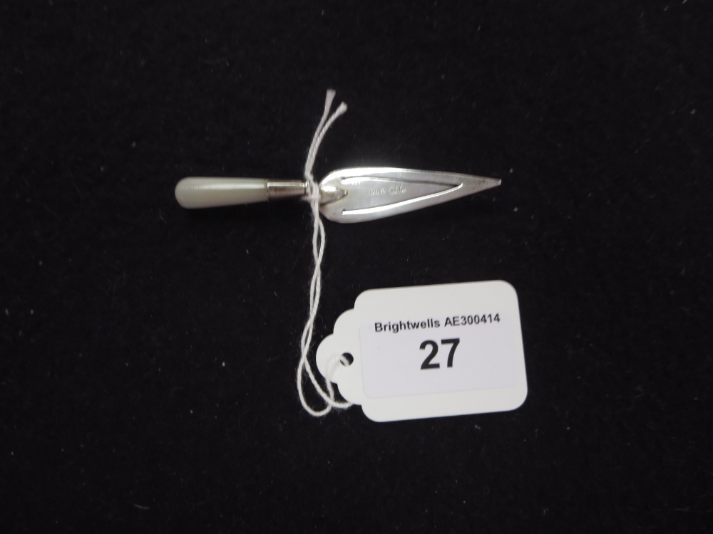 A modern silver trowel Bookmark and six Malayan Spoons with simulated bamboo handles, in case