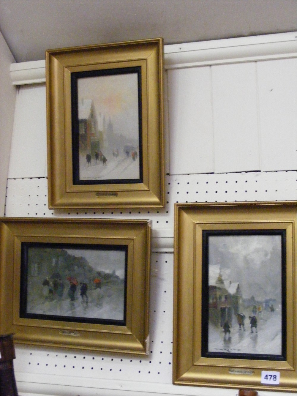 Three pictures of winter scenes entitled 'A Winter's Evening', 'When Winter Reigns' and 'A Rainy