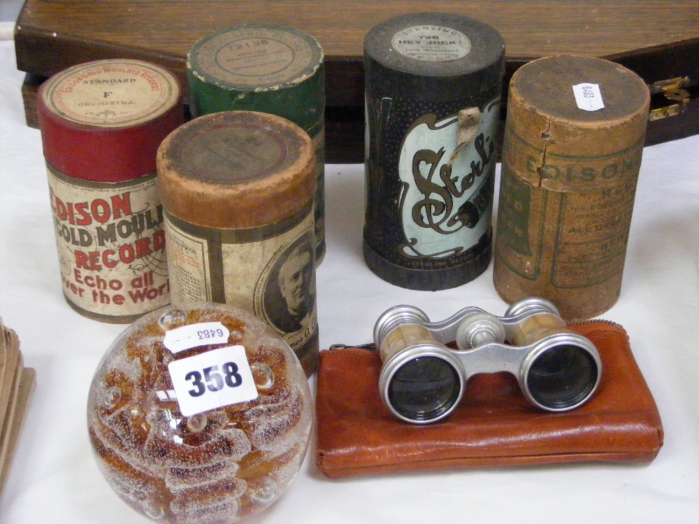 An interesting collection of items, to include a good quality glass paperweight, five Edison scrolls