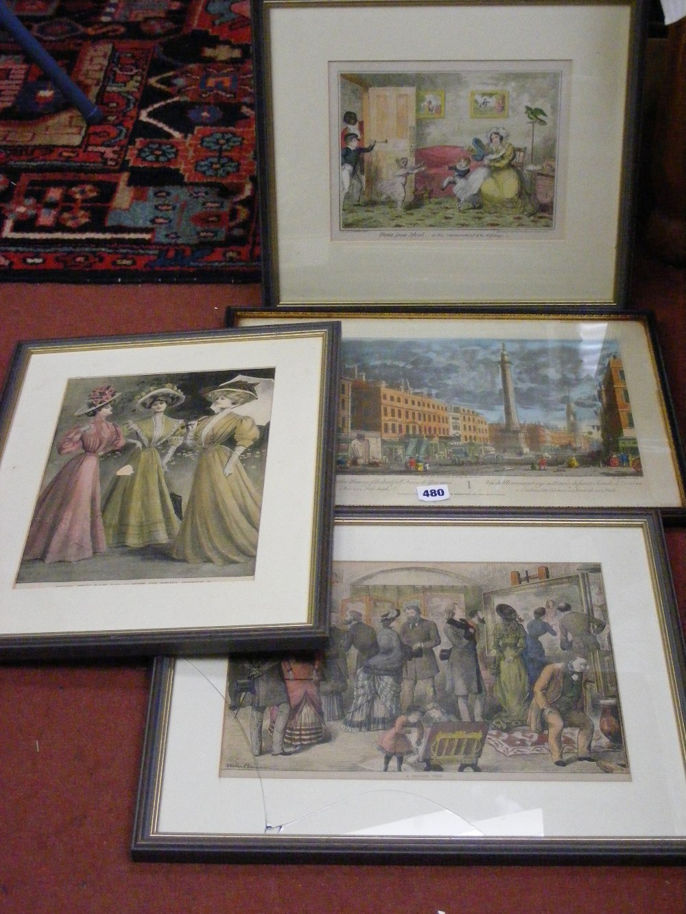 Three Victorian prints and a coloured engraving.