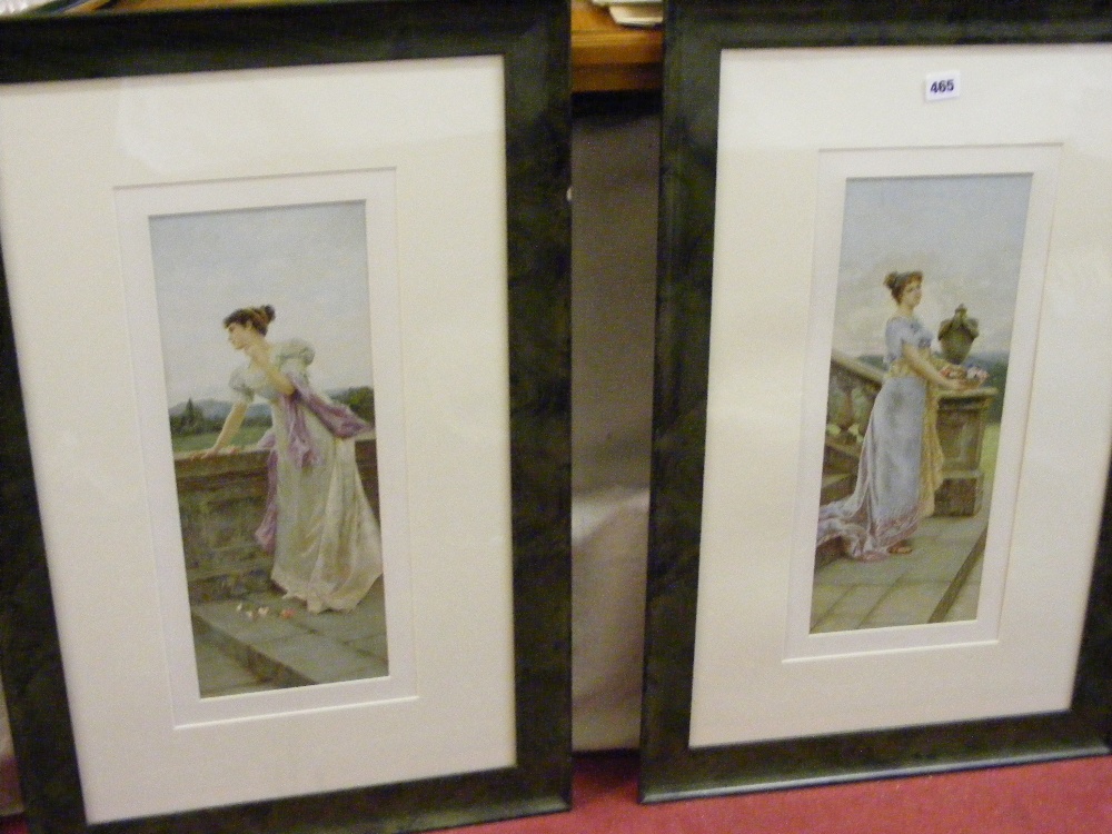 A pair of prints of classically dressed ladies in the garden.