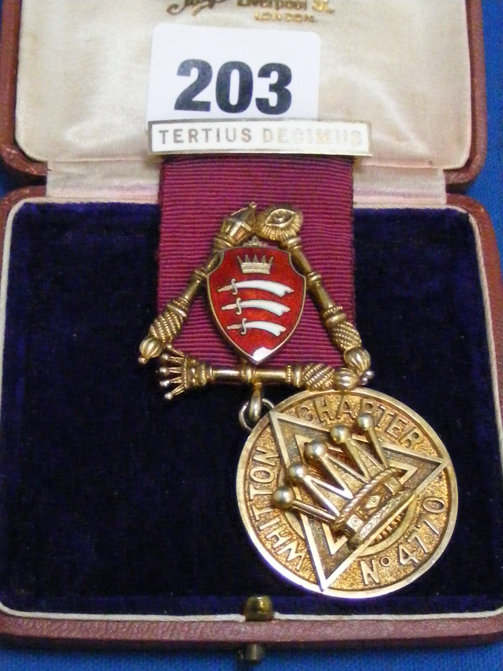 A good quality gilted silver Masonic medal of the Whitton Chapter, no. 4770, inscribed to reverse